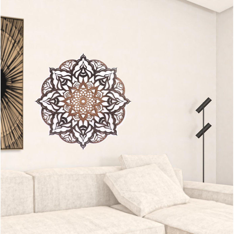 Décoration murale mandala géométrique en bois massif noir et cuivre