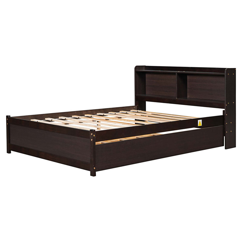Engeliene Wooden Bed with Trundle,Storage Bed Frame with Bookcase, Espresso, Queen