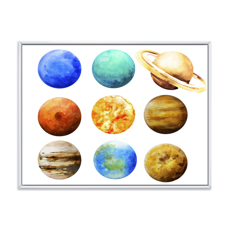 Planètes variées en orbite - Impression sur toile, H 16 po x l 32 po x p 1 po, Cadre flottant blanc