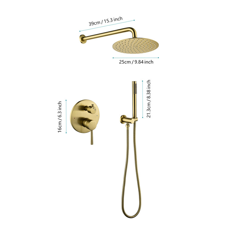 Shower System, Wall Mounted Shower Faucet Set for Bathroom with High Pressure 10" Stainless Steel Rain Shower head Handheld Shower Set, 2 Way Pressure Balance Shower Valve Kit, Brushed Gold