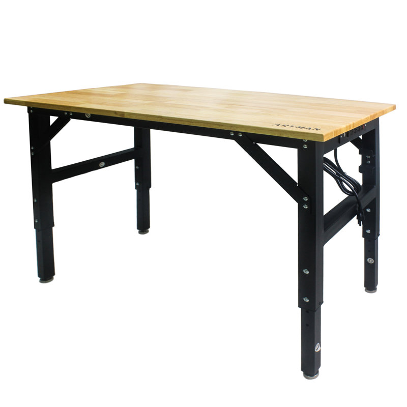 Table de travail réglable en métal avec douille et plateau en bois