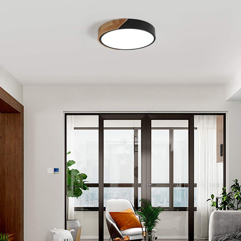 Metal and Wood LED Flush Mount Ceiling Light 4500K Black, 4500K, Black