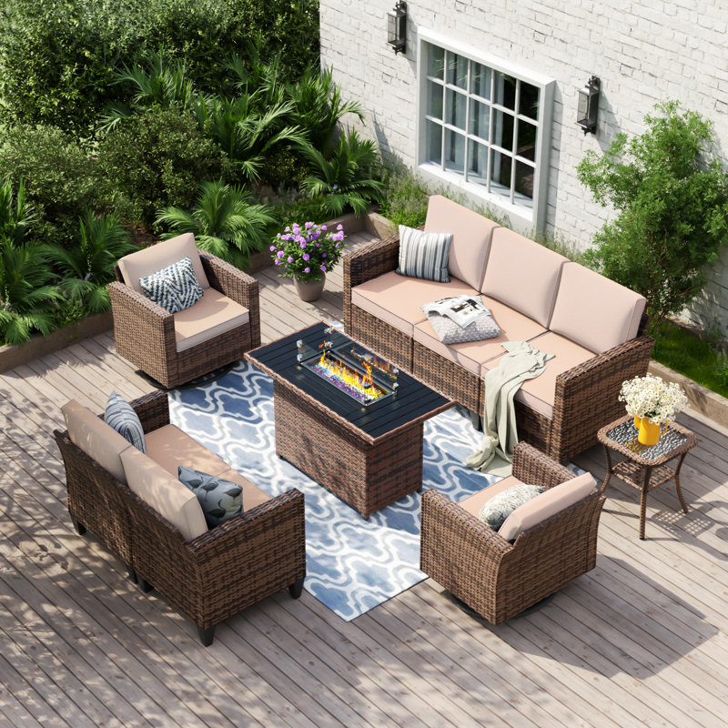 Kisner 7 - Person Outdoor Wicker Patio Sofa Seating Group With Fire Pit And Side Table, Beige