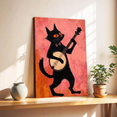 Tableau vintage représentant un chat noir jouant du banjo, style rétro, imprimé sur toile tendue grand format, idéal pour le salon ou la chambre.