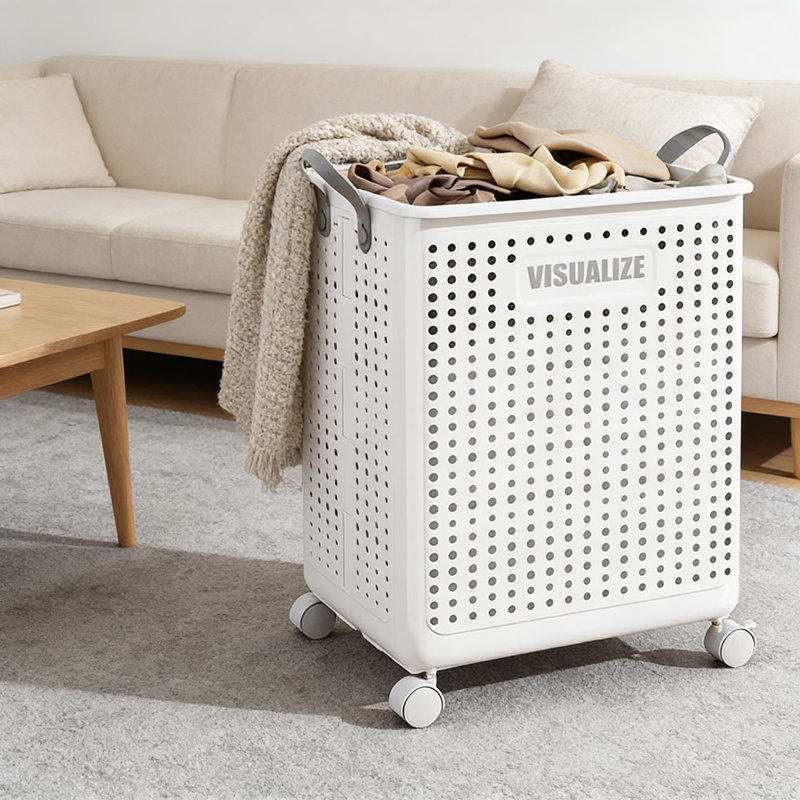 White,Foldable Laundry Hamper With Wheels, Breathable Mesh Design, Heavy-Duty PP Material, Space-Saving Collapsible Storage Basket For Home, Bathroom, And Laundry Room