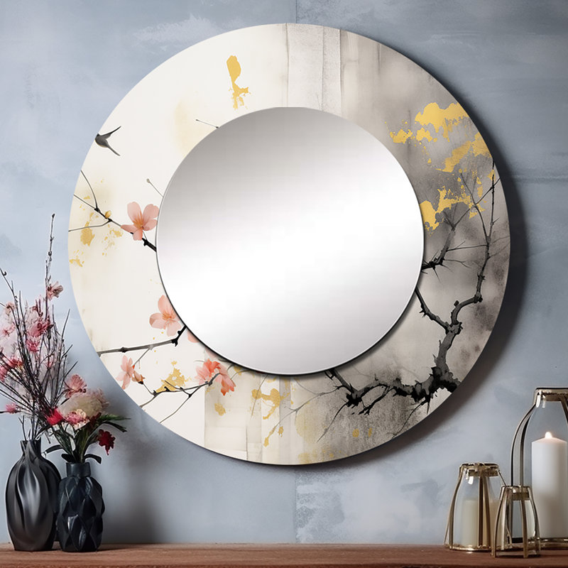 Art asiatique Samena Sumi Blossom I - art mural asiatique unique, miroir, pêche, 23 po x 23 po