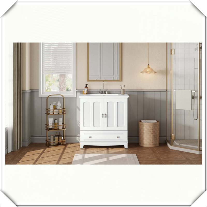Pieds de meuble-lavabo en bois massif avec lavabo en céramique, Blanc