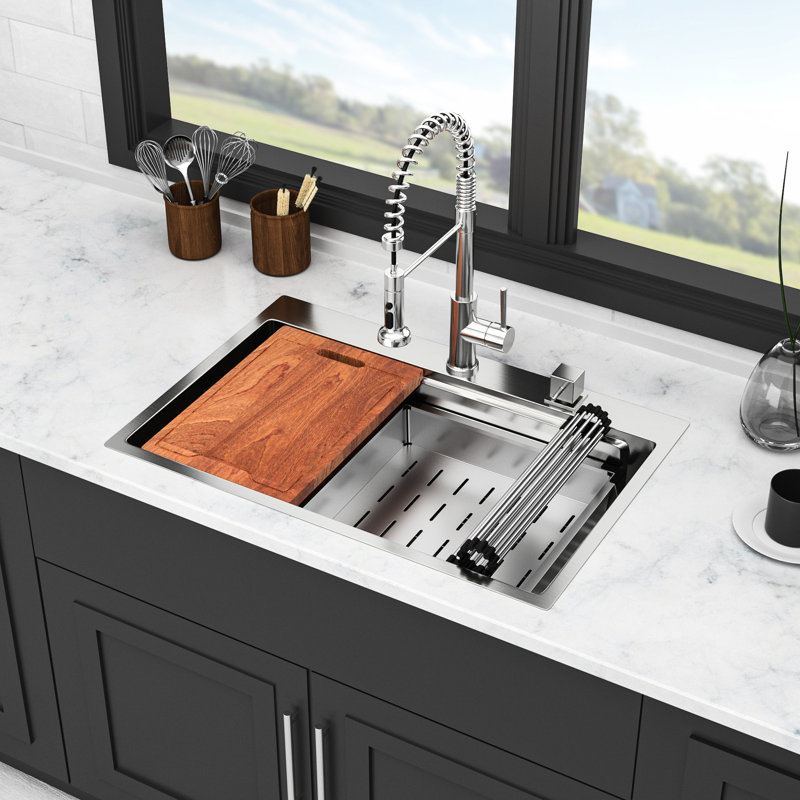 33*22 Inch Drop-In Kitchen Sink - Stainless Steel 16 Gauge Workstation With Soundproofing, Quick Draining, 16G T304 Ledge Soundproof, Smooth Drain,