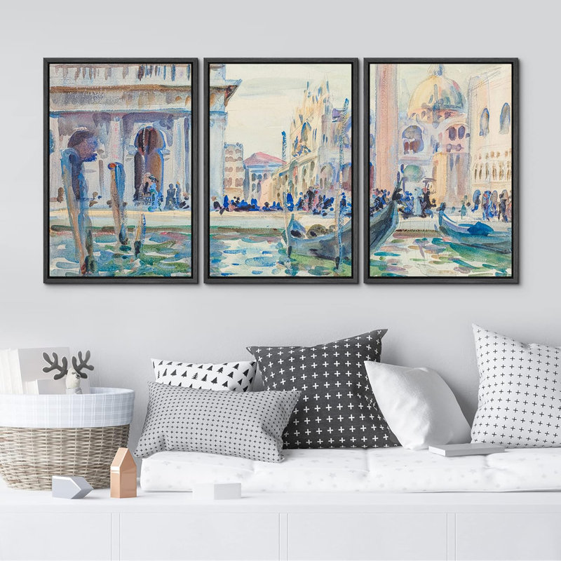Aquarelle, gondole italienne de Venise, 3 pièces, Noir, H 24 po x l 16 po x P 1,5 po