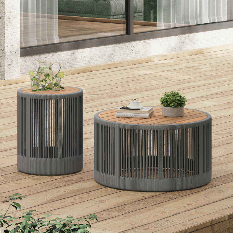 Coffee Table and Side Table Set of 2, Teak Top/Grey Base