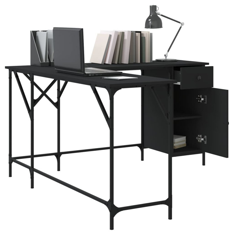 Tyandra L-Shaped Metal Base Writing Desk, Black
