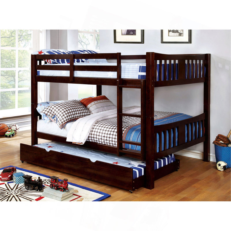 Lit escamotable en bois massif de style transitionnel avec lit superposé double au-dessus d'un lit double et couchette en noyer foncé inclus