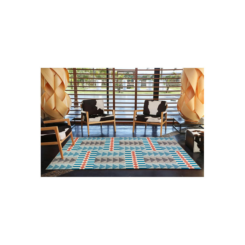 Tapis bleu et gris à motif géométrique triangulaire, Sous-tapis carré 3 pi 3 po inclus