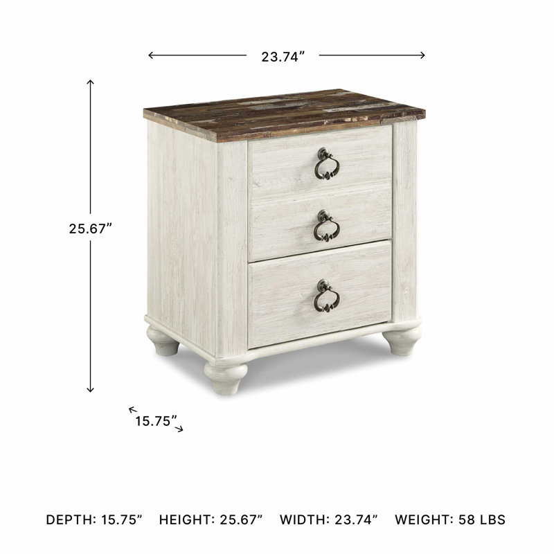 Whitewashed Coastal Charm 2-Drawer Nightstand with USB Ports