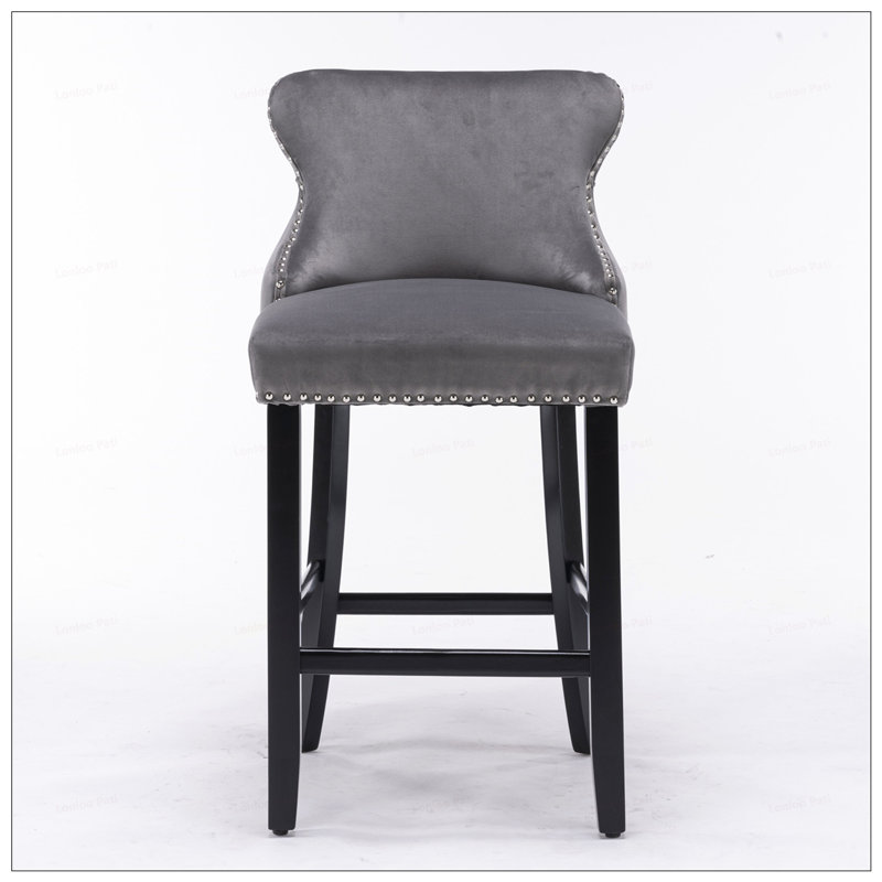 2pièces tabourets de bar en velours capitonné avec pieds en bois, Gris