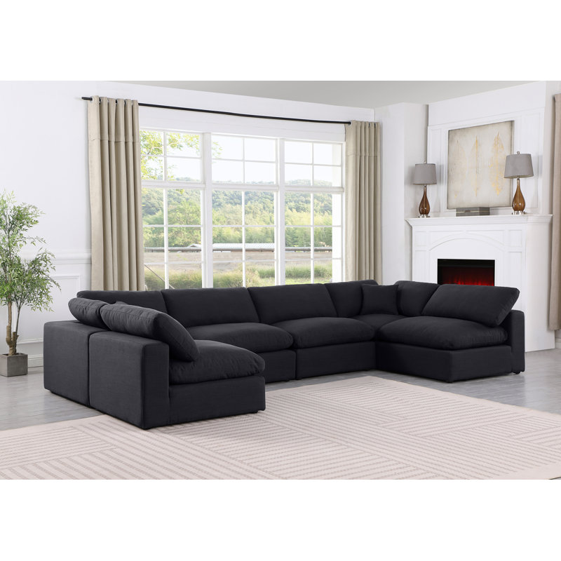 Canapé modulaire 6 pièces rembourré, Tissu texturé en lin noir
