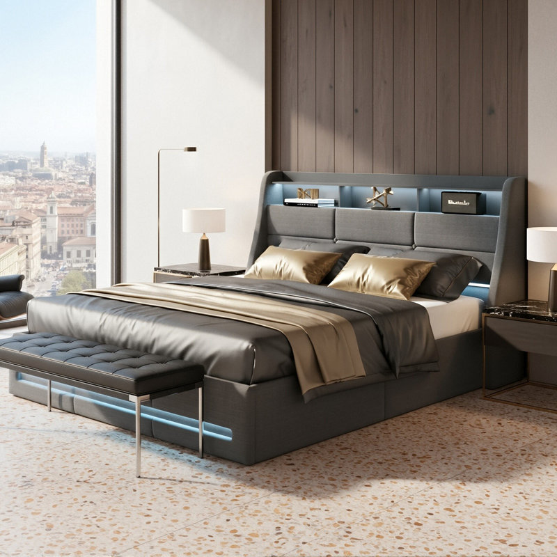 EU Double & King Ottoman Storage Bed With Dual LED Lights, Upholstered Bed Frame With Charging Port, Grey Linen
