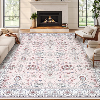 Tapis 8 x 10 pour le salon, tapis lavables à imprimé rétro, tapis à poils courts et antidérapants pour chambre à coucher, salle à manger, salon, rose