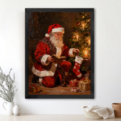 Black Framed Vintage Santa Claus is reading the gift list Wall Art Classical realistic oil painting Style Framed Prints