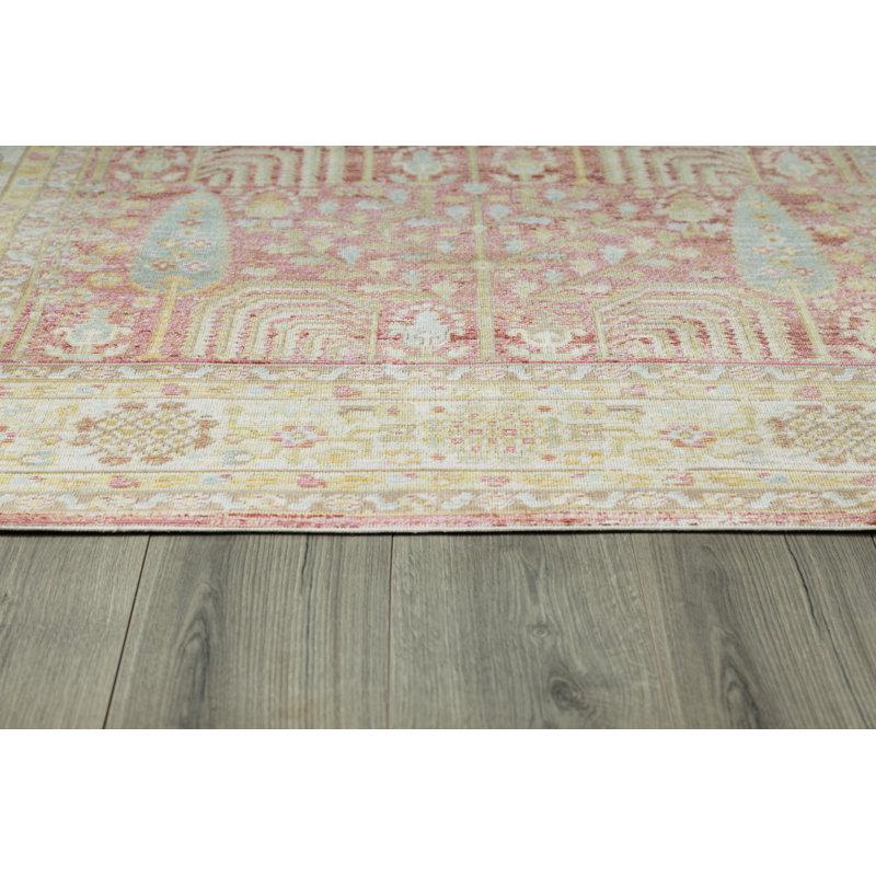 Foxley Oriental Machine Made Power Loom Polyester Area Rug in Pink/Beige, Rectangle 4' x 6'