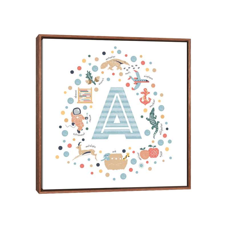 Lettre illustrée A bleue - impression, H 26 po x l 26 po x P 1,5 po, Toile avec cadre brun, Pas de tapis