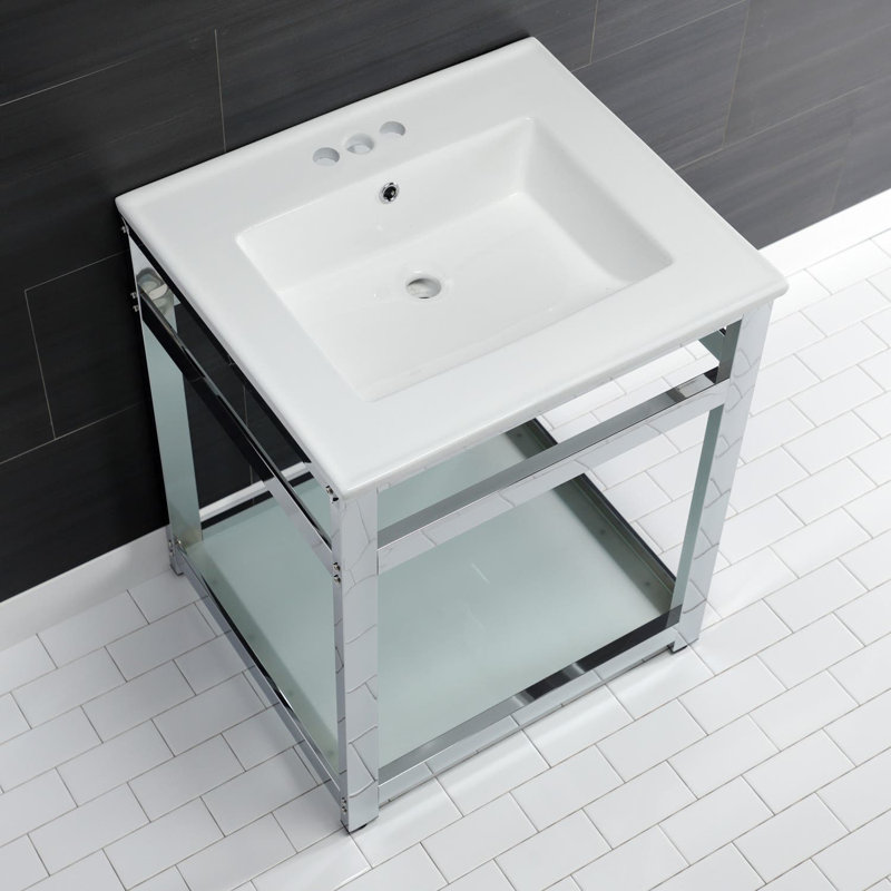 Quadras Ceramic Rectangular Console Bathroom Sink with Overflow, White/Chrome, 4" Centers