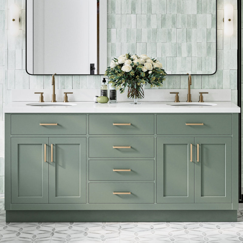 Meuble-lavabo double en bois massif 72 po Tidworth avec plateau en quartz blanc 1,5 po, Ovale, Vert rétro