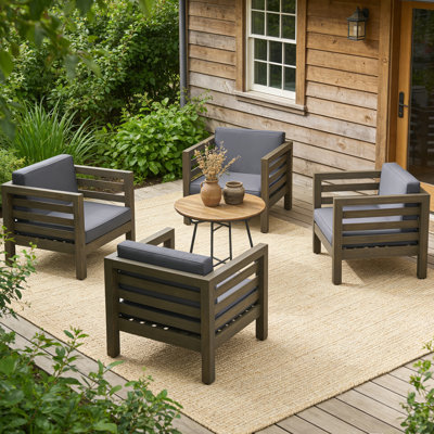 Ensemble de 4 fauteuils club robustes en bois d'acacia d'une capacité de poids de 400 lb - Fauteuils d'extérieur avec coussins épais pour patio, jardin, balcon, pelouse ou porche