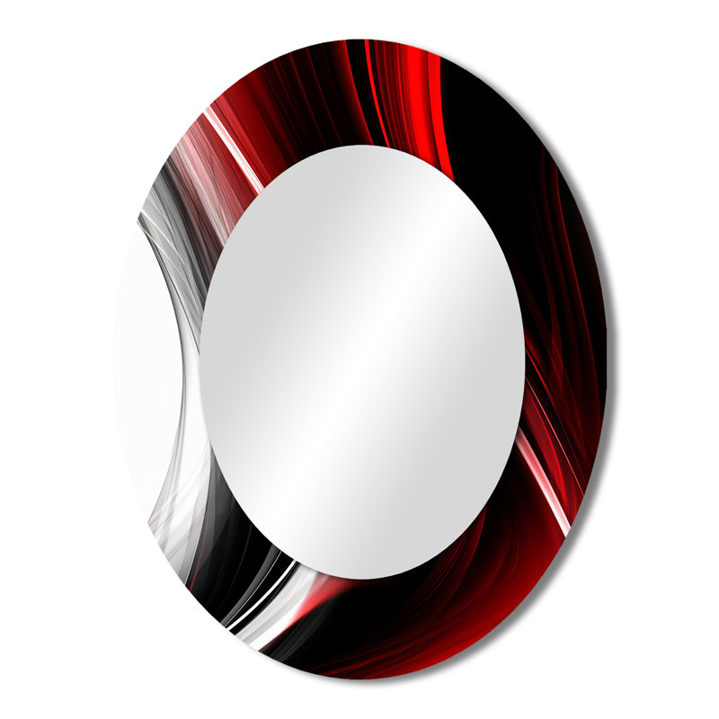 Red Black Infinite Ripples II - Abstract Oval Decorative Mirror On Metal, 43" x 33"