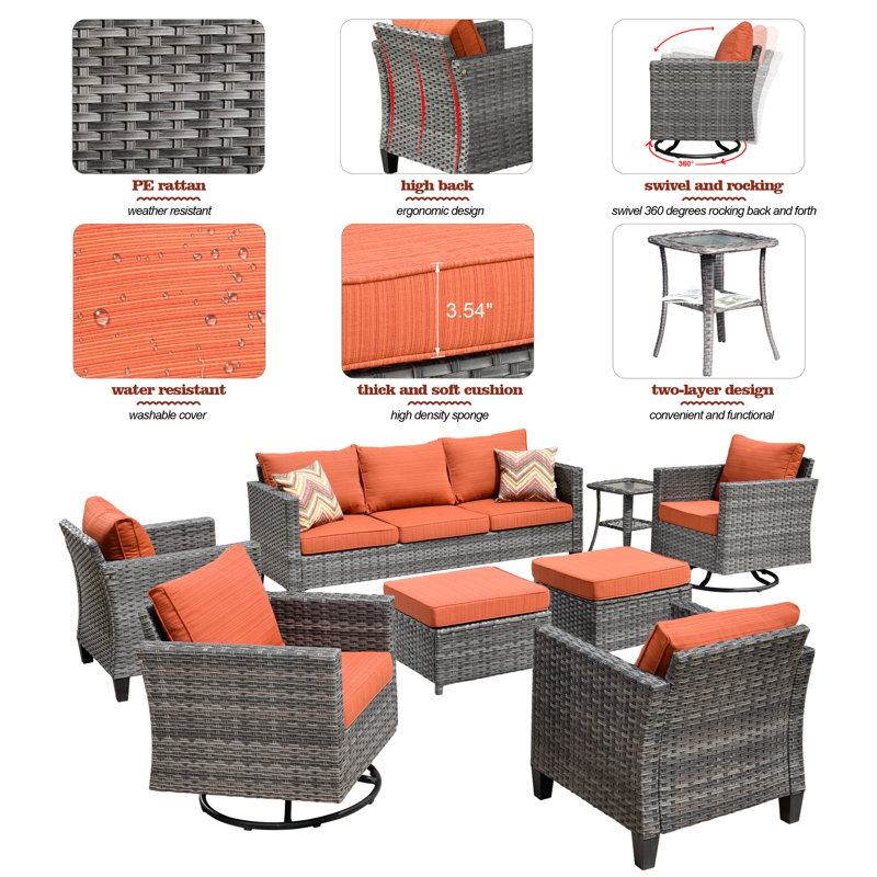GRST Wicker/Rattan 7-Person Seating Group with Cushions, Orange