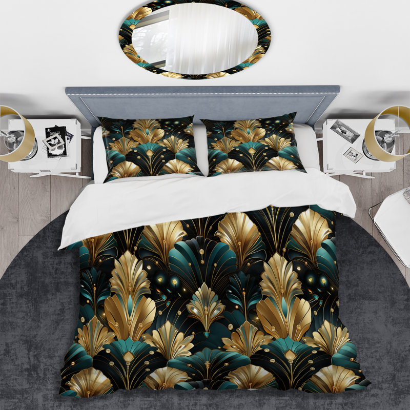 Rich Gold And Emerald Art Deco Glam Pattern - Ensemble de housse de couette damassé