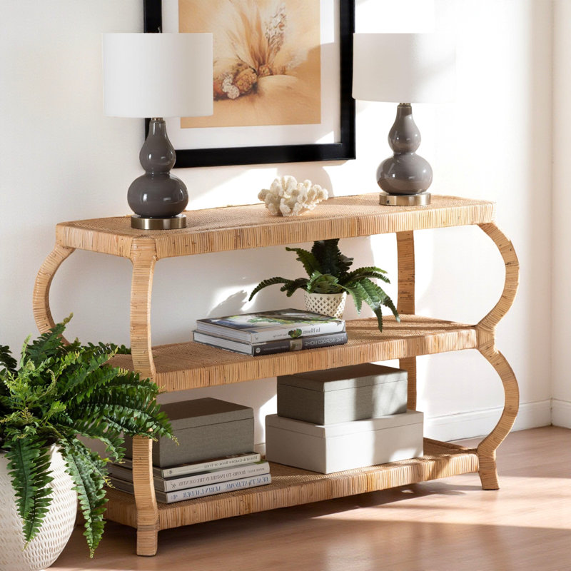 Console en rotin naturel à 3 niveaux avec tablettes ouvertes H 28,83 po x l 47,67 po x P 17,84 po Rin