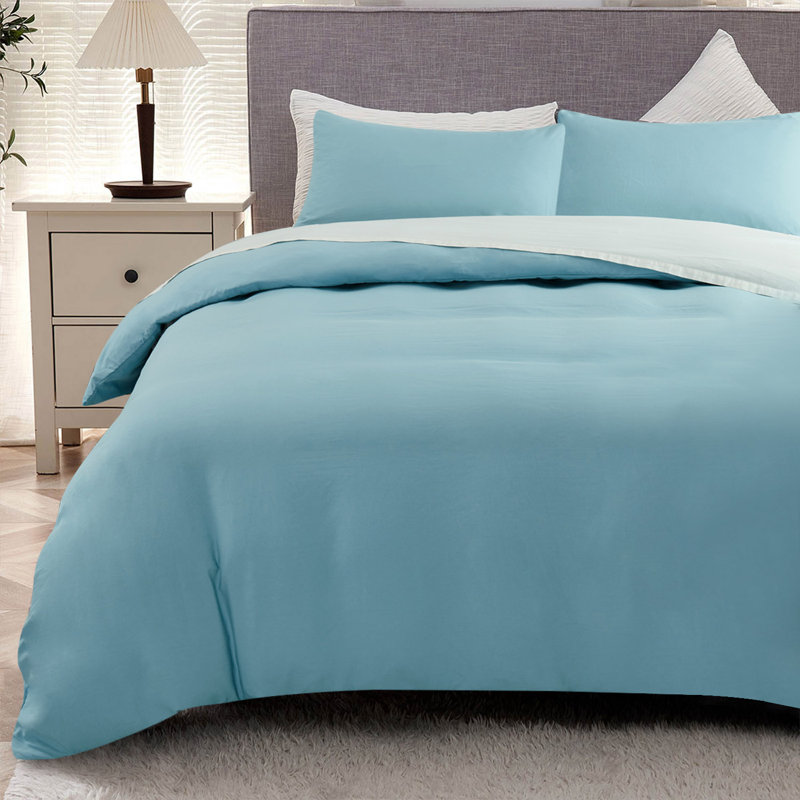 Housse de couette en microfibre , Housse de couette pour très grand lit et 2 taies, Bleu-gris