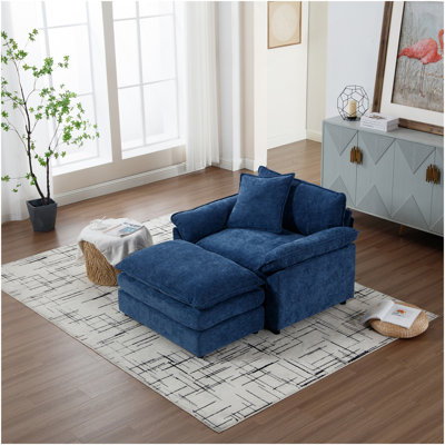 44.5" Modern Accent Chair with Ottoman, Living Room Club Chair Chenille Upholstered Armchair , Reading Chair for Bedroom, Blue Chenille