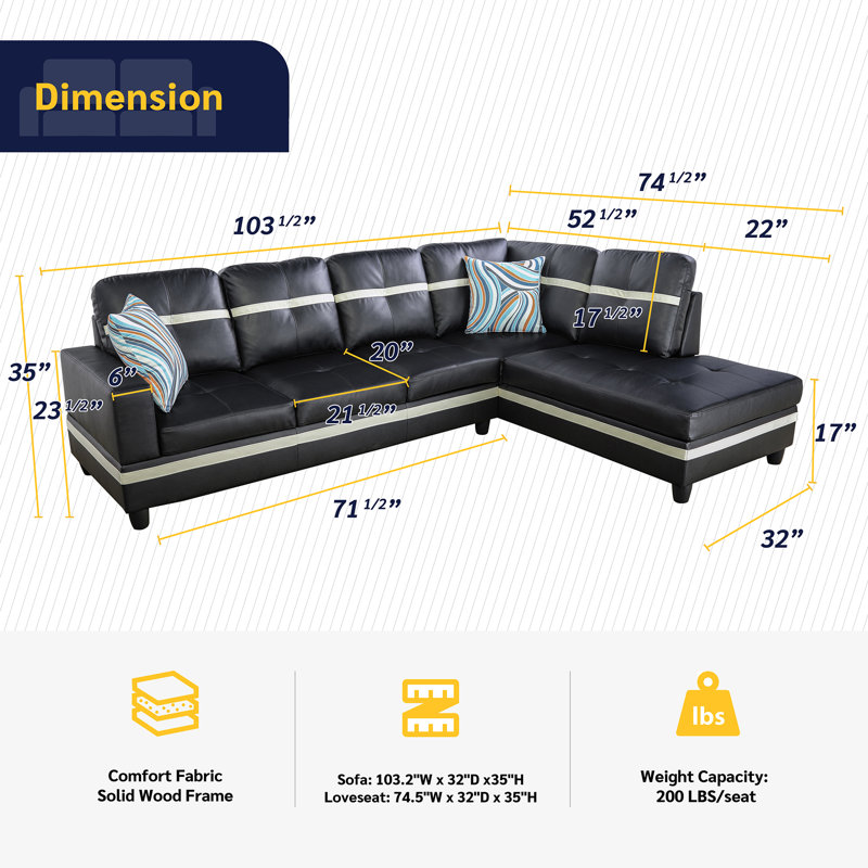 Andrella Faux Leather L-Shaped Sectional, Black Leather, Black, Right Hand Facing