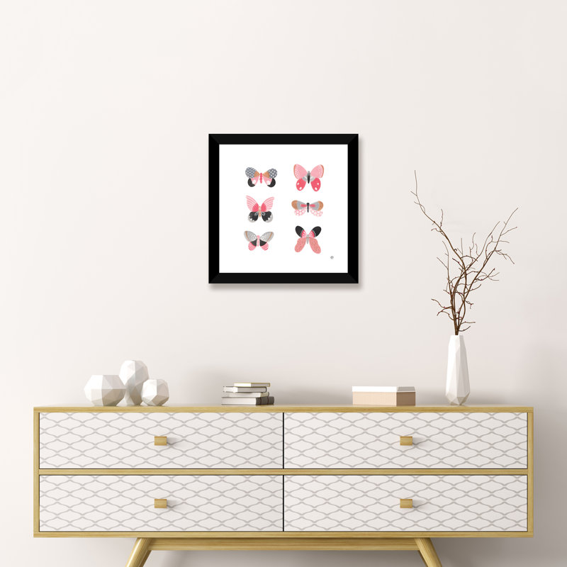 6 papillons art, Papier avec cadre noir, H 16 po x l 16 po x P 1 po