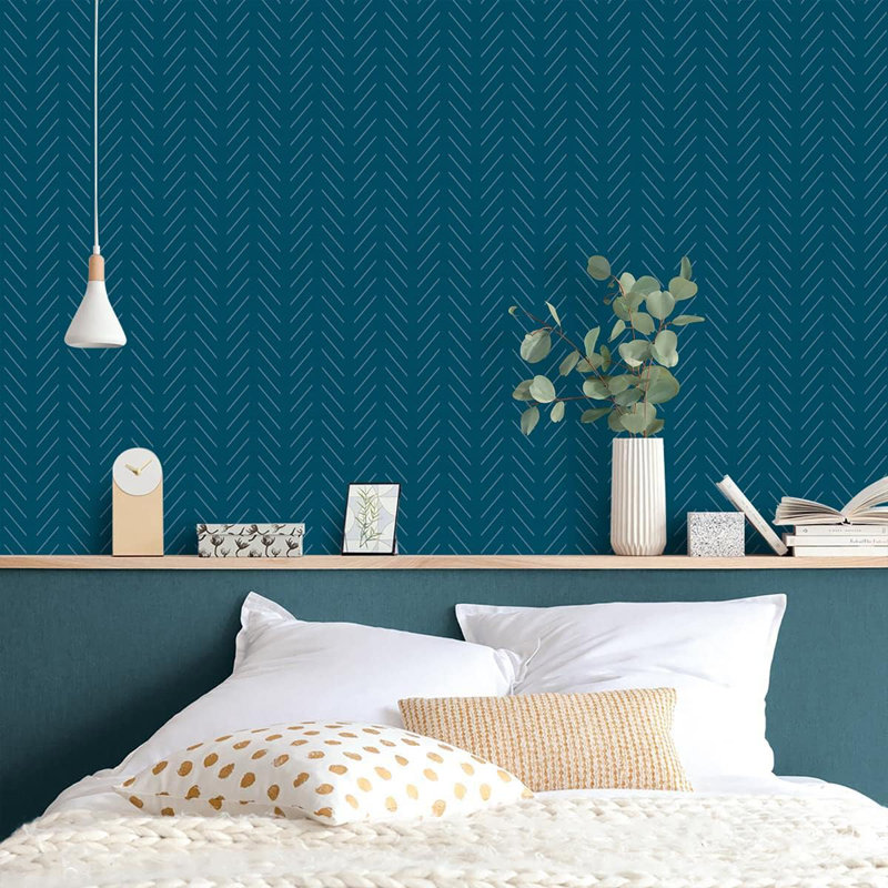 Papier peint adhésif bleu à motif de chevrons moderne, auto-adhésif, amovible, imperméable, de 17,7 po x 393,7 po (48,43 pieds carrés) pour la salle de bain, la cuisine et le salon