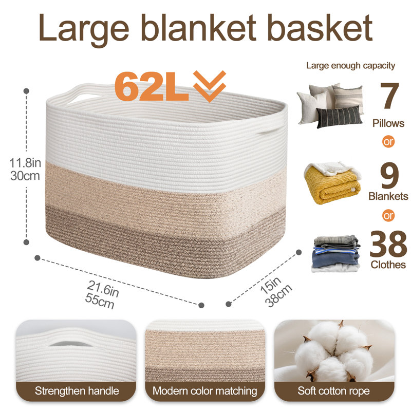 Très grand panier de rangement en corde de coton 62L avec poignées - Panier à couverture tissé pour vêtements, couvertures, coussins et jouets