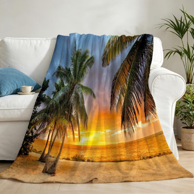 Blue Ultra Soft Flannel Fleece Throw Blanket,Sunset at The Beach While Single-Sided Print