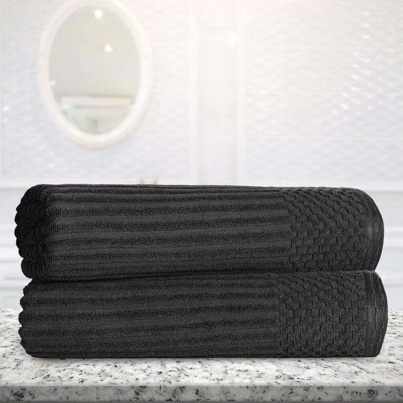 Ruvins Cotton Highly Absorbent Solid and Checkered Border Bath Sheet Set, Black