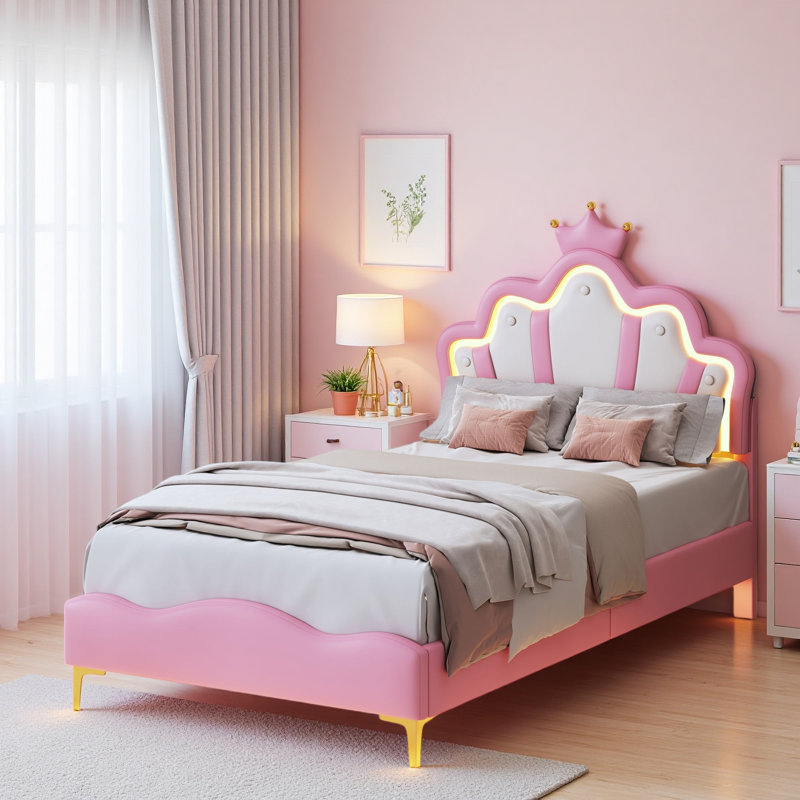 3' Single Upholstered Princess Bed with LED Light, Pink