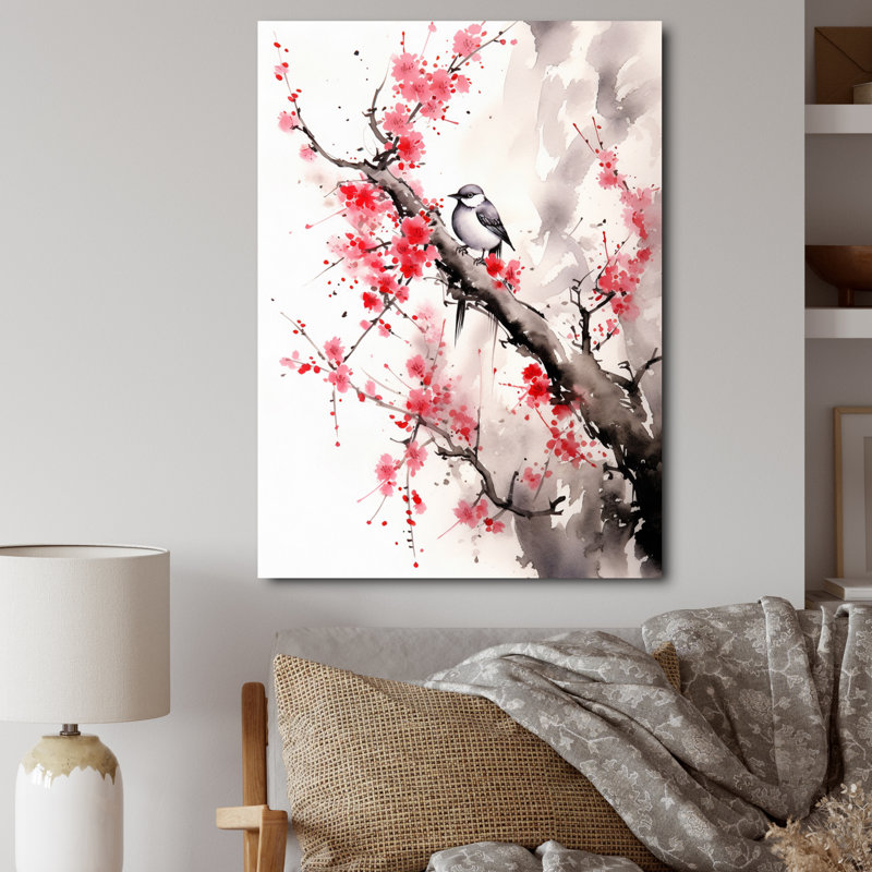 Art asiatique, Sumi oiseau sérénité, art asiatique, 32" H x 24" W, Toile tendue