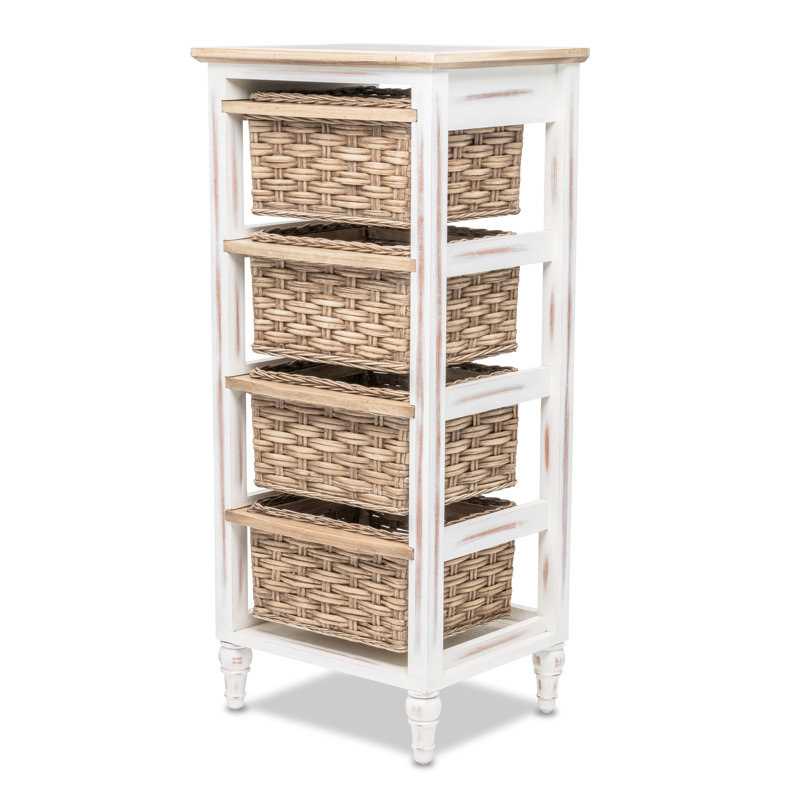 Eversole - Armoire de rangement verticale à 4 paniers - Bois patiné, fini blanc patiné, Blanc