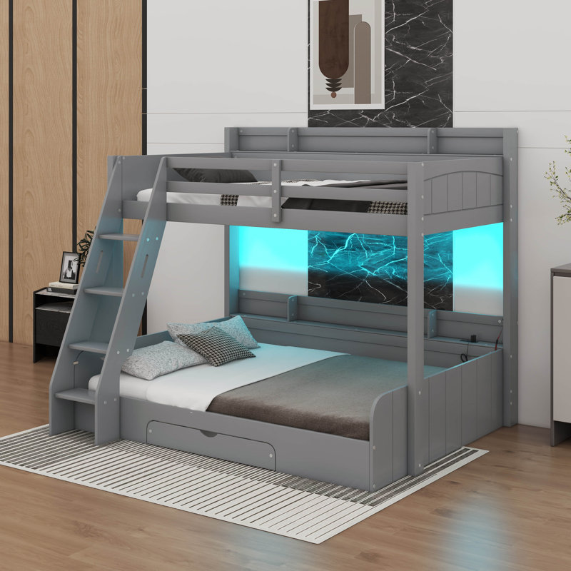 Twin Over Full Bunk Bed With Charging Station And Drawer, Gray