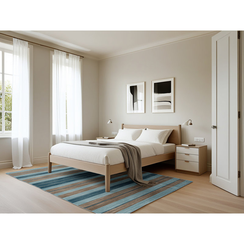 Tapis bleu à rayures horizontales lavable à la machine, Rectangle 5 pi x 7 pi