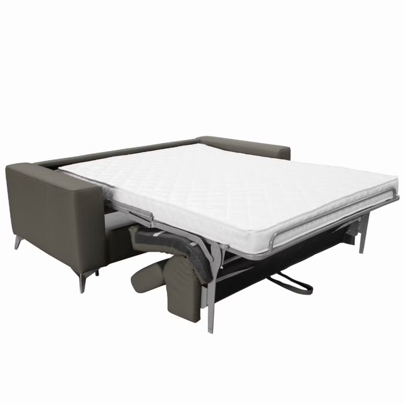 Lucy Genuine Leather Fold Out Sofa with Mattress and Adjustable Headrests, Light Grey