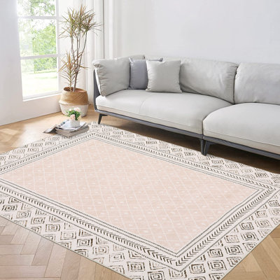 Geometric Bordered Machine Washable Rug with Rubber Backing for Living Room Modern Non-Slip Dining Room Rug Easy-Cleaning Floor Carpet for Bedroom