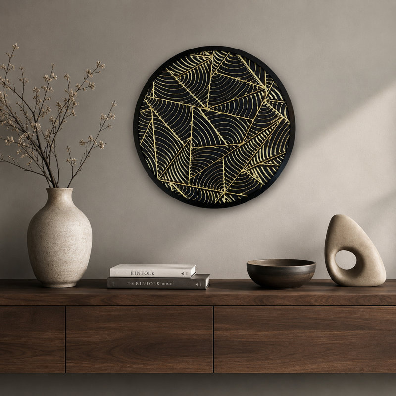  Art mural rond abstrait géométrique noir et or avec cadre en aluminium et housse en acrylique, H 23,6 po x l 23,6 po