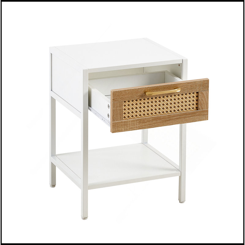 Table de bout en rotin de 15,74 po avec tiroir, table de chevet moderne, pieds en métal, table d'appoint pour le salon et la chambre à coucher
