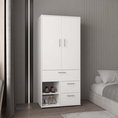 Armoire Alpine avec portes doubles, tringle à vêtements intérieure, étagères à chaussures et tiroirs multiples, armoire autoportante